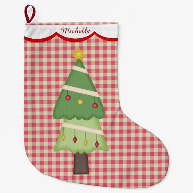 Red Gingham Holiday Tree Personalized Large Christmas Stocking (Front)
