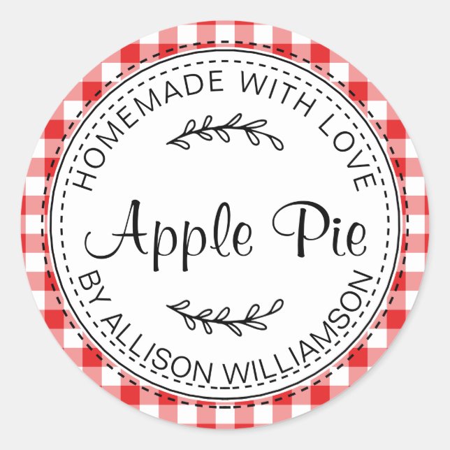 Red Gingham Homemade Apple Pie Classic Round Sticker (Front)