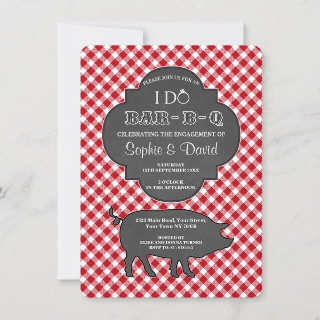 Red Gingham I DO BARBEQUE Engagement Chalk Invite (Front)