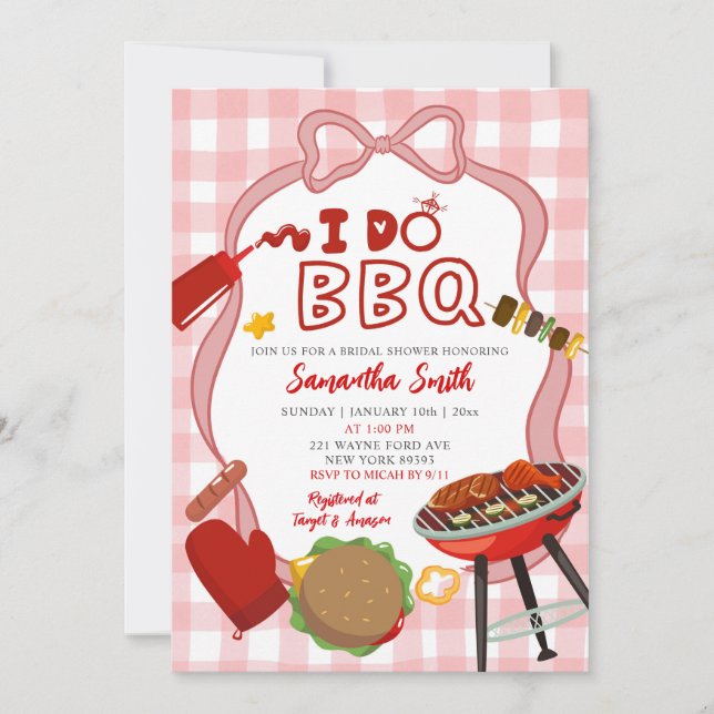 Red Gingham I do BBQ bridal shower invitation (Front)