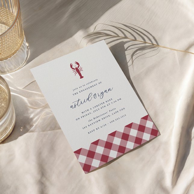 Red Gingham | Lobster Bake Engagement Party Invitation (Coastal lobster bake engagement party invitations)