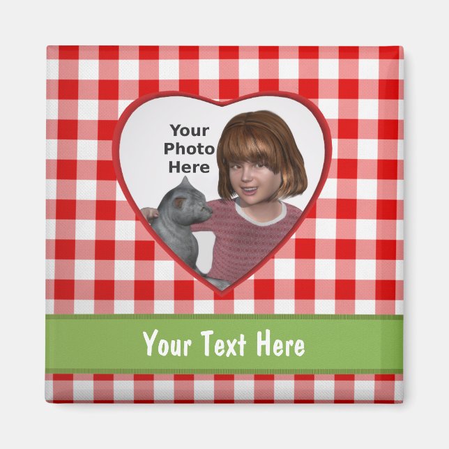 Red Gingham Look Heart Frame: Add a Photo and Text Magnet (Front)