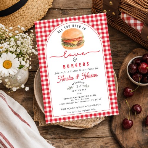Red Gingham Love &amp; Hamburgers Couple Bridal Shower Invitation