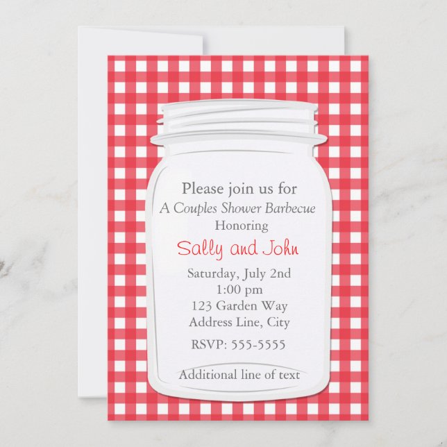 Red Gingham Mason Jar Country Picnic Summer Invite (Front)