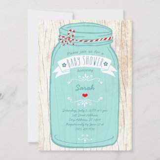 Red Gingham & Mint Mason Jar Baby Shower Invitation
