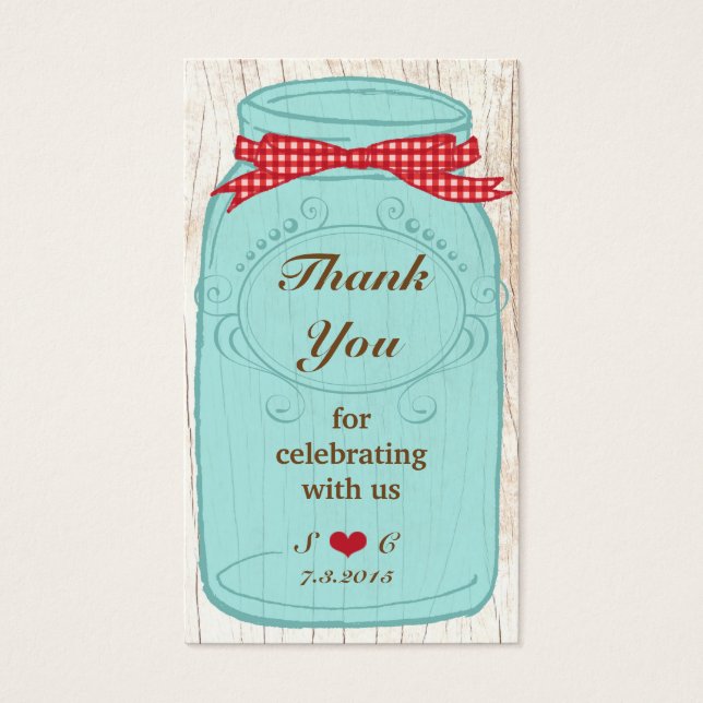 Red Gingham & Mint Mason Jar Favor Tags (Front)