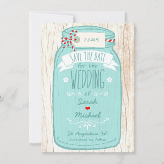 Red Gingham & Mint Mason Jar Save the Date