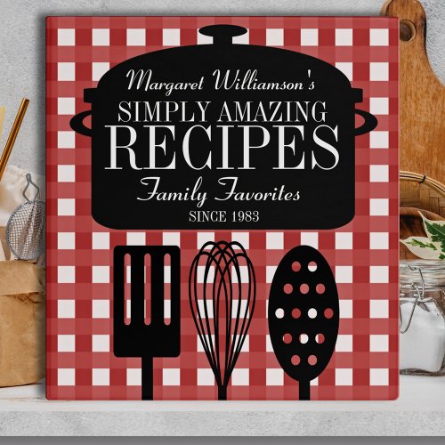 Red Gingham Modern Vintage Personalized Recipe 3 Ring Binder