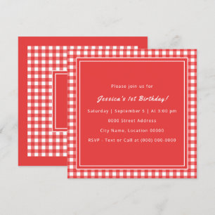 Red Gingham Monogram Birthday Party Invitation
