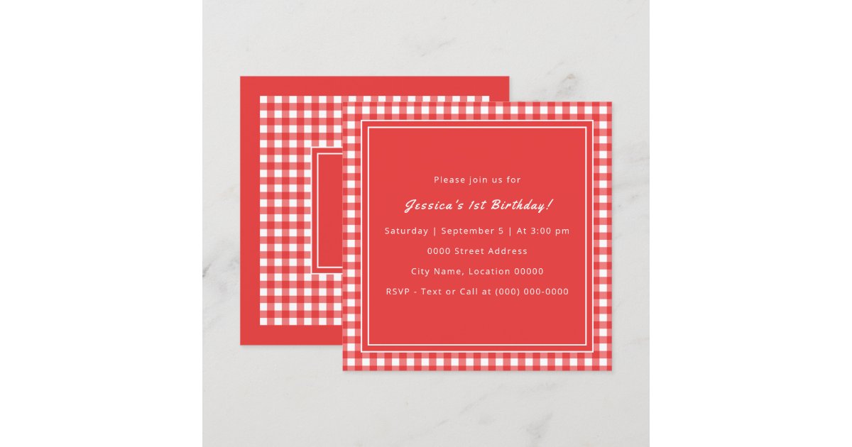 Red Gingham Monogram Birthday Party Invitation | Zazzle