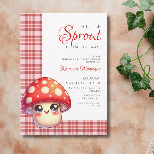 Red Gingham Mushroom Little Sprout Baby Shower Invitation