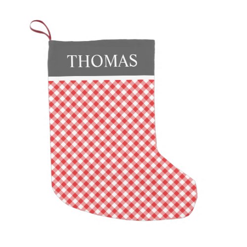 Red Gingham Offblack Collar Custom Name Small Christmas Stocking