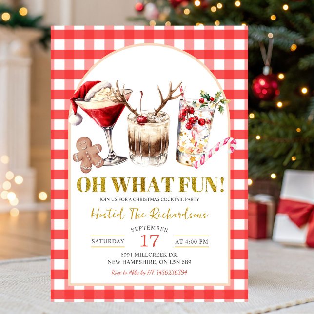 Red Gingham Oh What Fun Christmas Cocktail Party Invitation (Creator Uploaded)