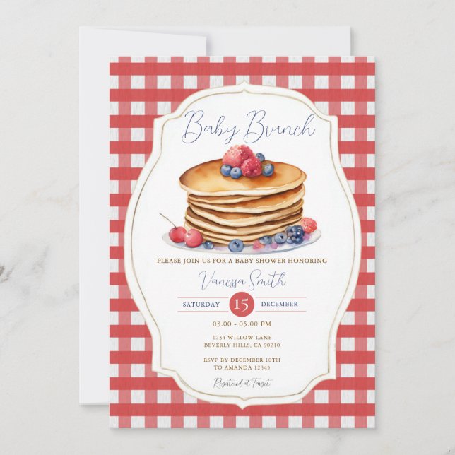 Red Gingham Pancake Baby Brunch Berry Baby Shower  Invitation (Front)