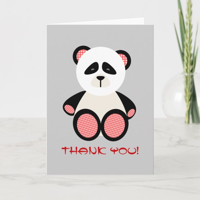 Red Gingham Panda Bear Baby Shower Thank You (Front)