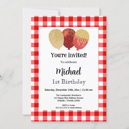 Red Gingham Party Balloons 1st Birthday Invitation