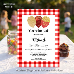 Red Gingham, Party Balloons 1st Birthday Invitation