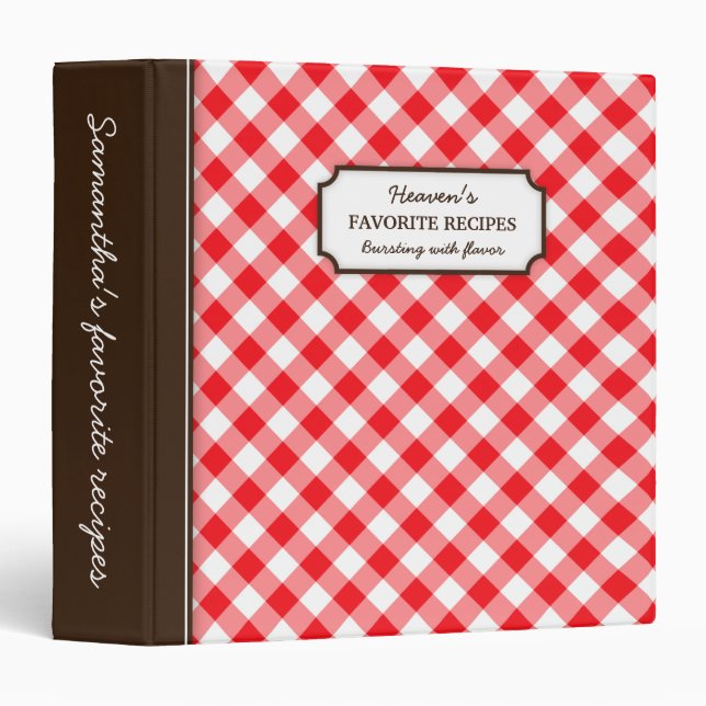 Red gingham pattern personalized recipe book binder (Front/Spine)