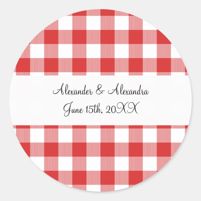 Red gingham pattern wedding favors classic round sticker (Front)
