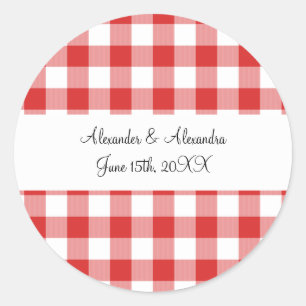 Red gingham pattern wedding favors classic round sticker