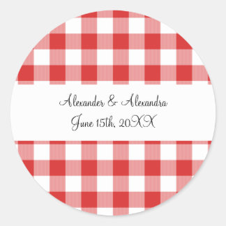 Red gingham pattern wedding favors classic round sticker