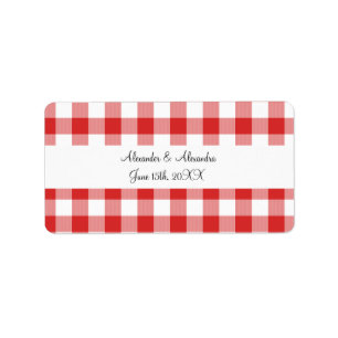 Red gingham pattern wedding favors label