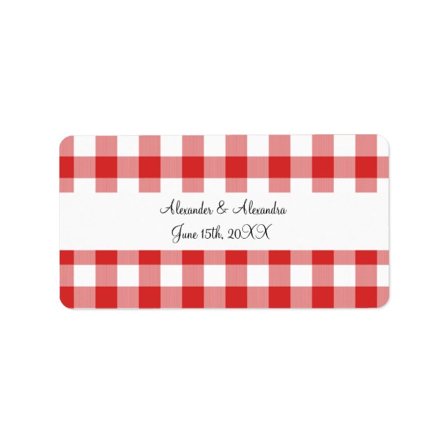 Red gingham pattern wedding favors label (Front)