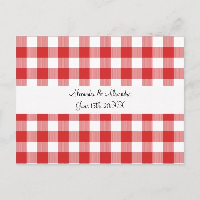 Red gingham pattern wedding favors postcard (Front)