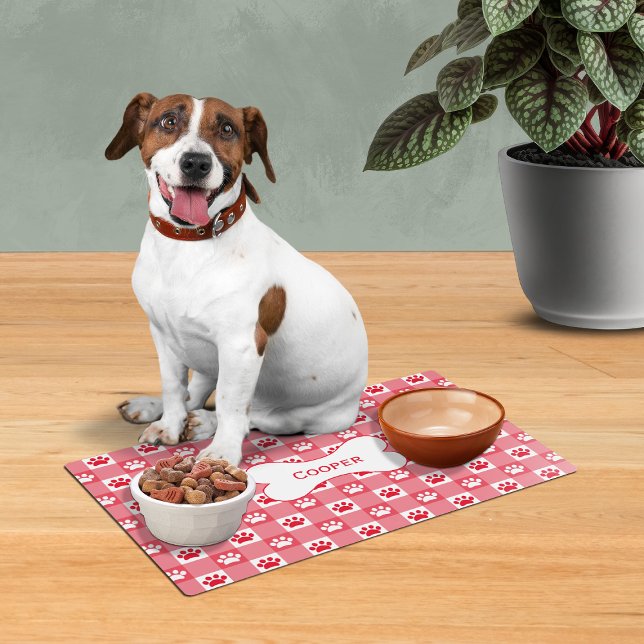 Red Gingham Paw Prints Dog Bone Name Placemat (Creator Uploaded)