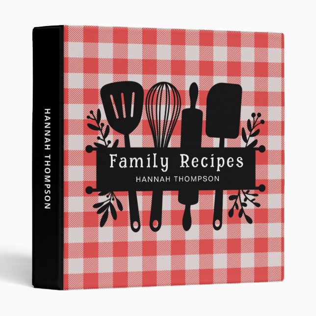 Red Gingham Personalized Cookbook Family Recipes 3 Ring Binder (Front/Spine)