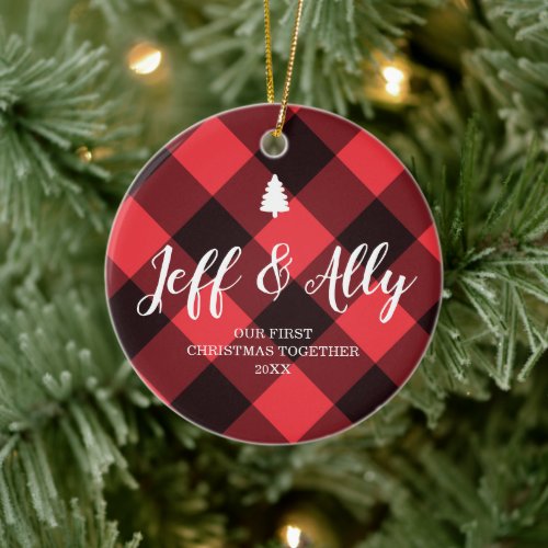 Red Gingham Personalized First Christmas Together Ceramic Ornament