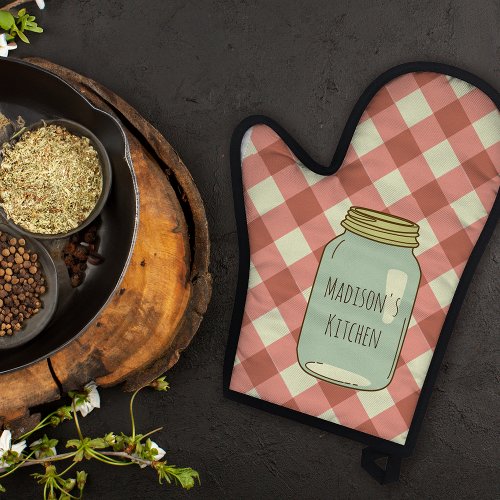 Red Gingham Personalized Mason Jar Oven Mitt