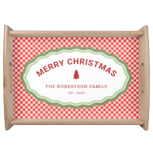 Red Gingham Personalized Merry Christmas Holiday Serving Tray