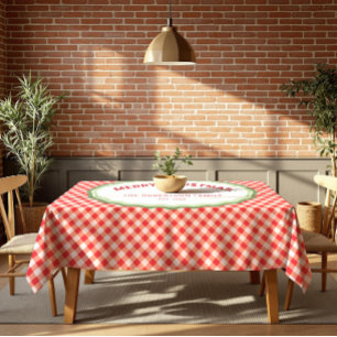Red Gingham Personalized Merry Christmas Holiday Tablecloth