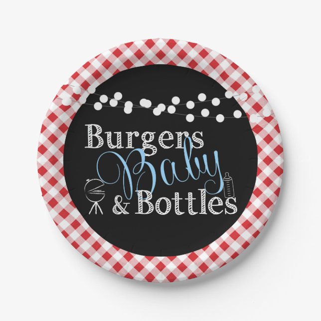 Red Gingham Picnic Babyq BBQ Boy Baby Shower Paper Plates (Front)