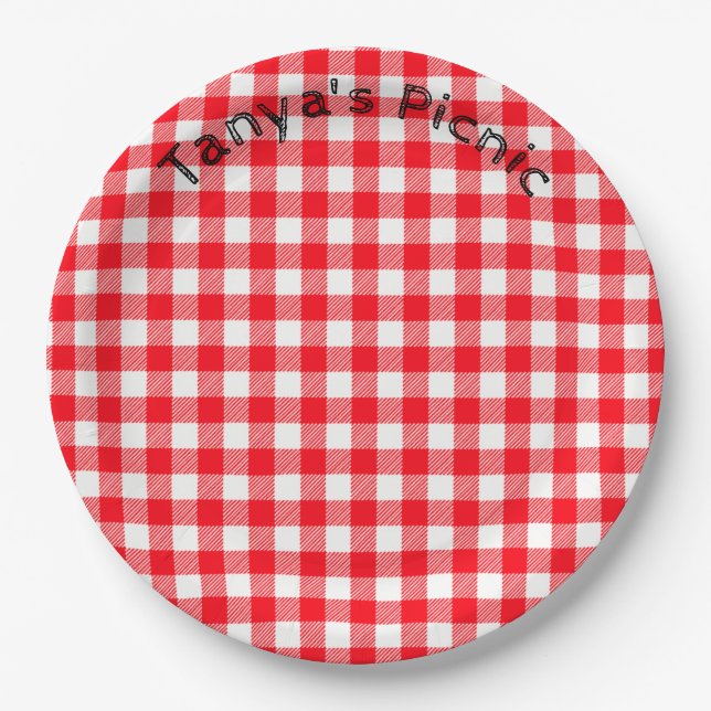 Red Gingham Picnic Print Baby Birthday Party Paper Plates (Front)