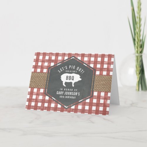 Red Gingham Pig Burlap Birthday Bbq Invitation