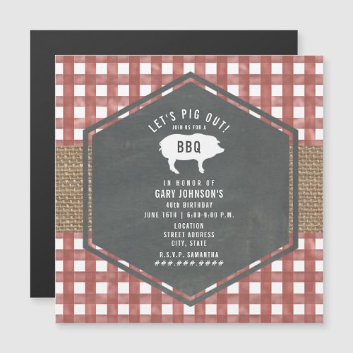 Red Gingham Pig Burlap Birthday Bbq Magnetic Invitation
