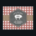 Red Gingham Pig Burlap Birthday Bbq Postcard<br><div class="desc">Weathered red gingham design with burlap strip on front.  Front features chalkboard geometric design with pig silhouette.  Personalize the text on front and back.</div>