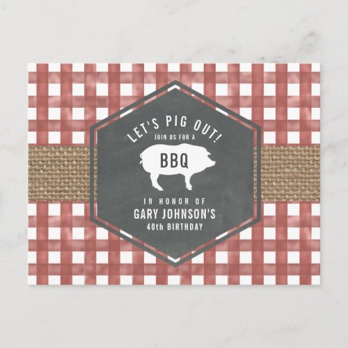 Red Gingham Pig Burlap Birthday Bbq Postcard