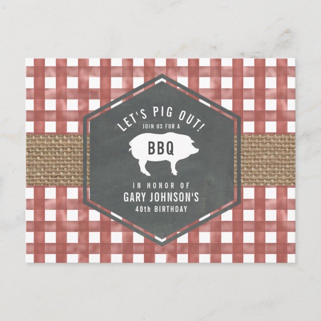 Red Gingham Pig Burlap Birthday Bbq Postcard (Front)