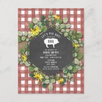 Red Gingham Pig Burlap Floral Birthday Bbq Invitation