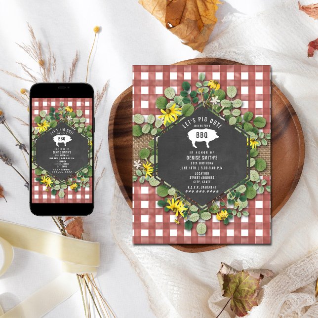 Red Gingham Pig Burlap Floral Birthday Bbq Invitation (Creator Uploaded)