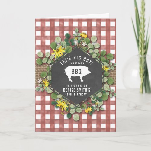 Red Gingham Pig Burlap Floral Birthday Bbq Invitation