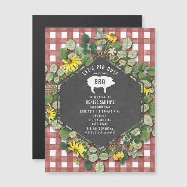 Red Gingham Pig Burlap Floral Birthday Bbq Magnetic Invitation (Front/Back)