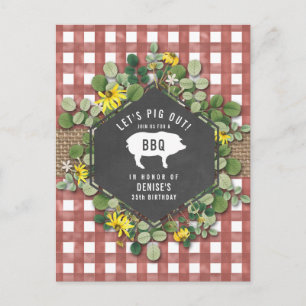 Red Gingham Pig Burlap Floral Birthday Bbq Postcard