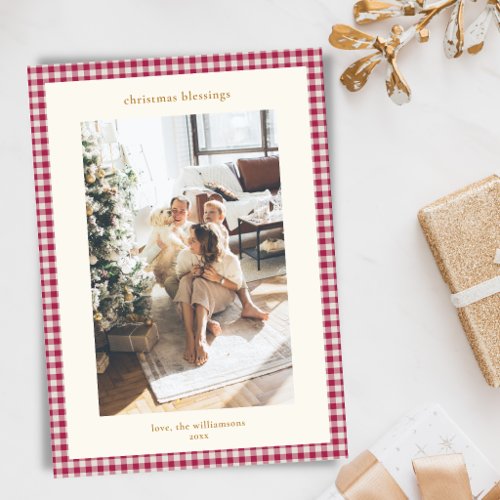 Red Gingham Plaid Christmas Blessings Family Photo Holiday Card