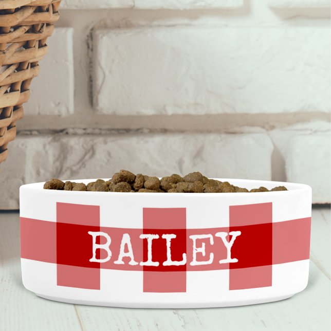 Red Gingham Plaid Farmhouse Personalized Dog Bowl (Creator Uploaded)