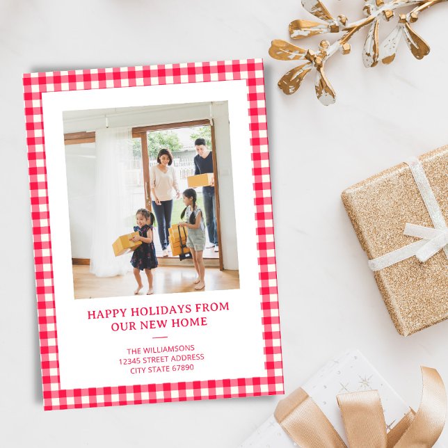 Red Gingham Plaid New Home Moving Christmas Photo Holiday Card (Creator Uploaded)