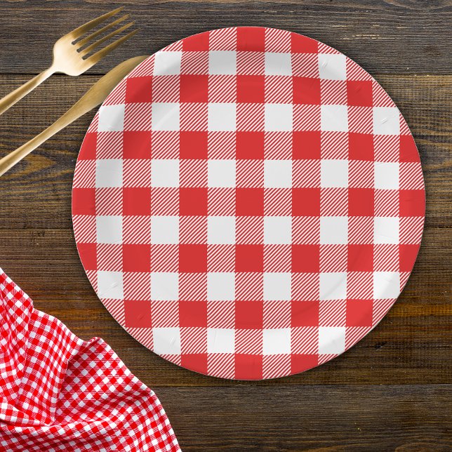 Red Gingham Plaid Pattern Paper Plates (Creator Uploaded)